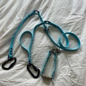Blue biothane leather dog leash with traffic handle and chain martingale collar